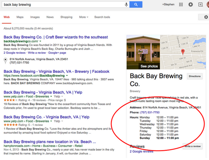 G+ business hours for Back Bay Brewing Co.